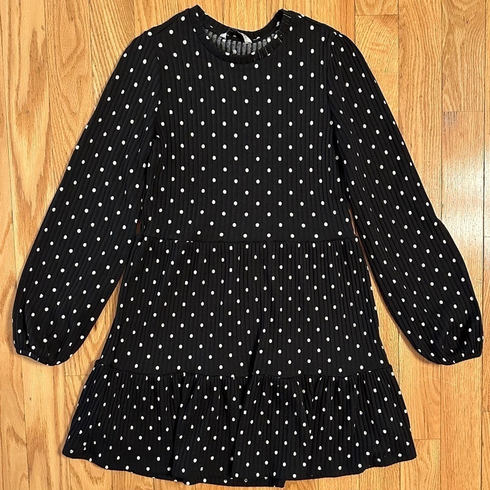 Stradivarius Ribbed Black White Polka Dot Long Sleeve Tiered Mini Dress Sz S